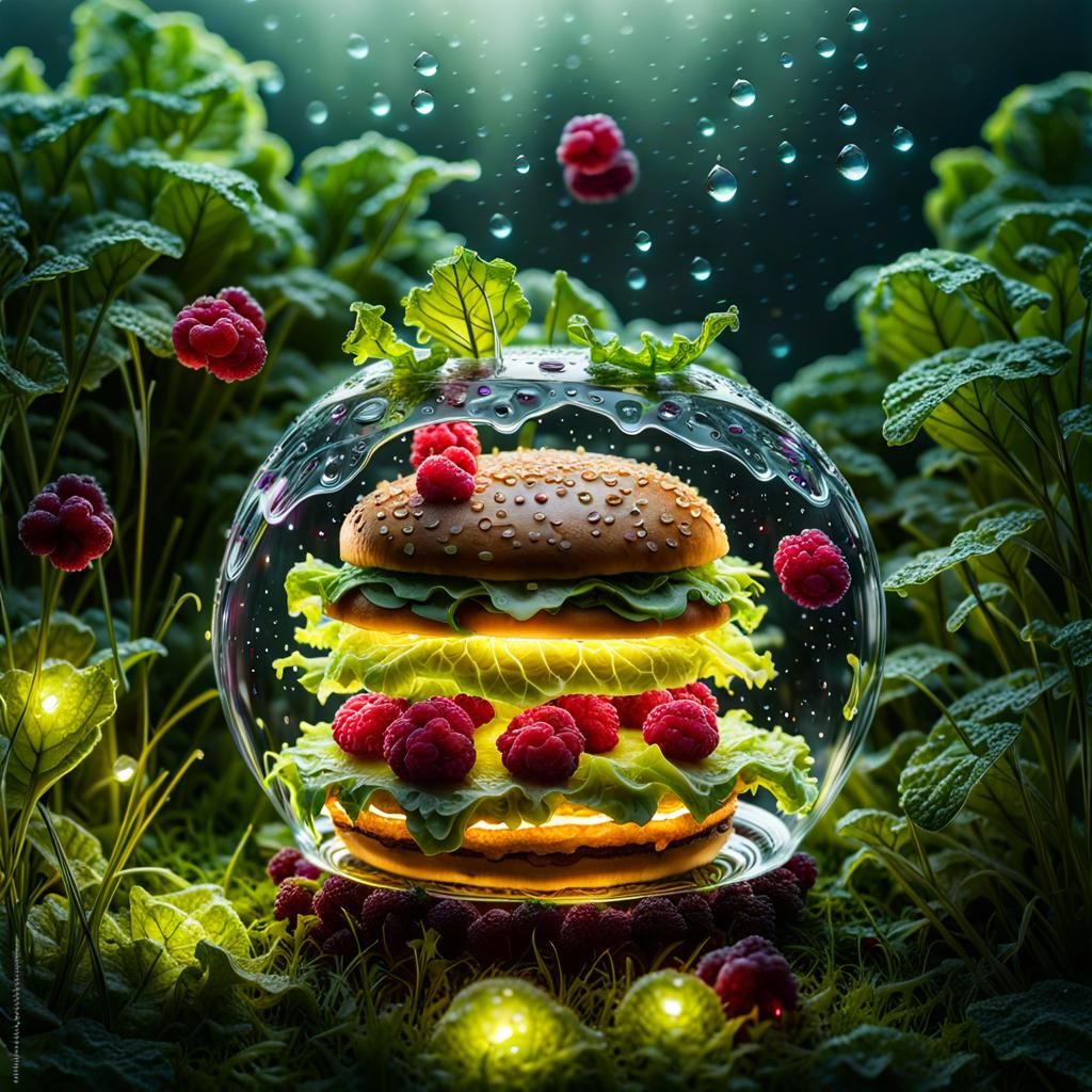 Transparent Glass Hamburger with Glowing Ingredients