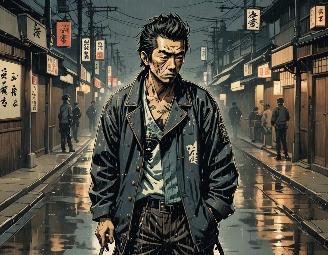 Japanese Punk Leader in Ukiyo-e Style on Wet Street