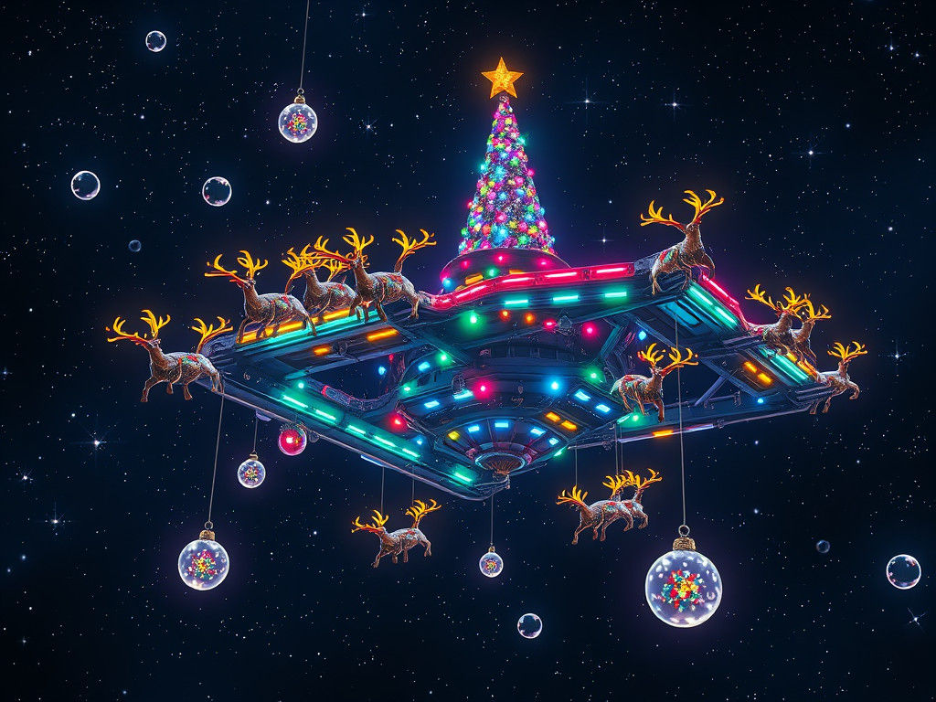 Christmas Tree Space Station in Dreamlike Sci-Fi Style