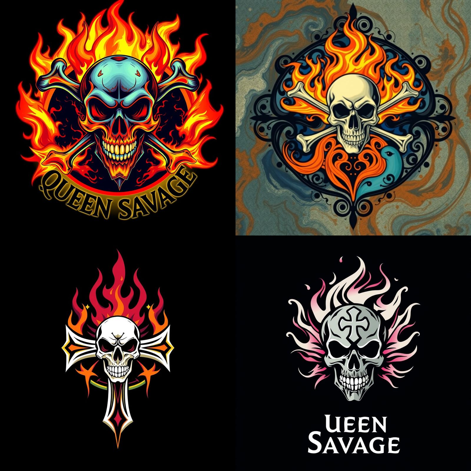 Queen Savage Logo with Skull, Cross, and Flames