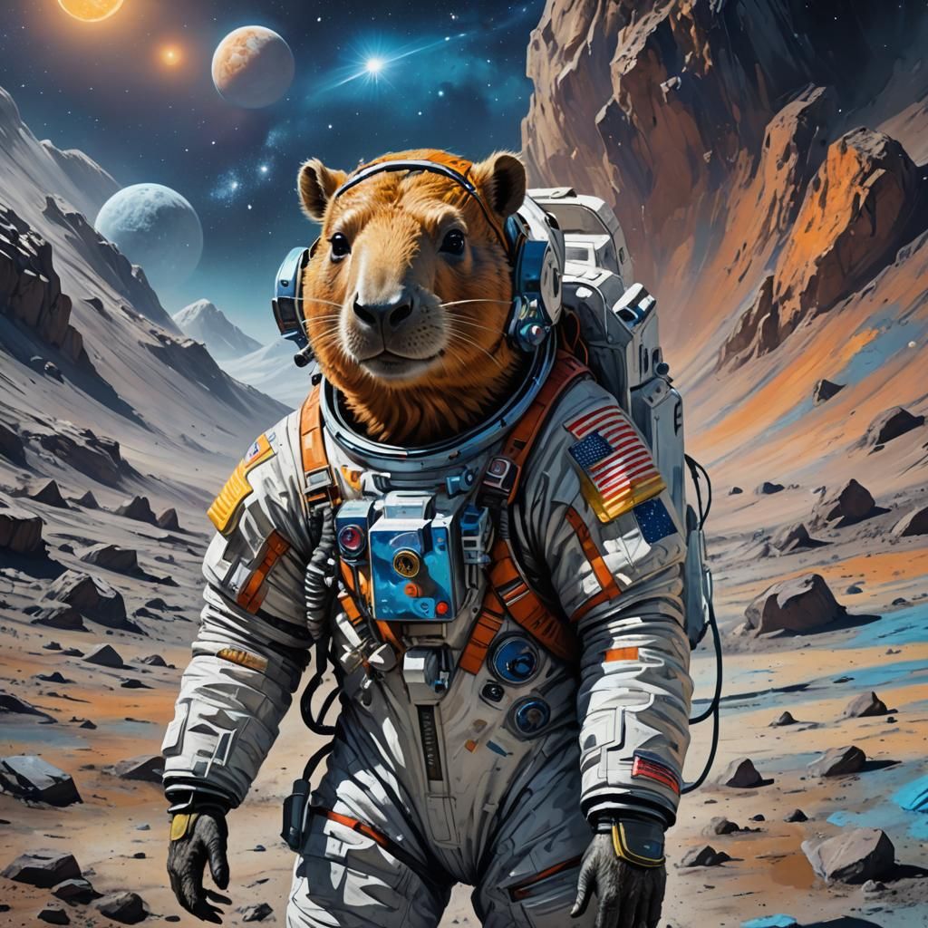 Capybara Astronaut on the Moon in Splash Art Style