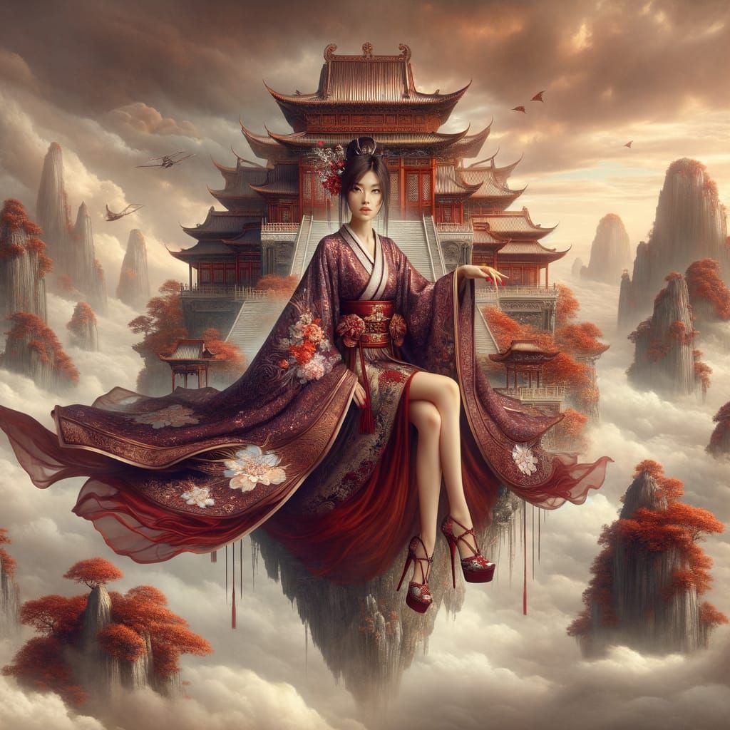 Princess on Floating Island in Hanfu, East Asian Fantasy Art
