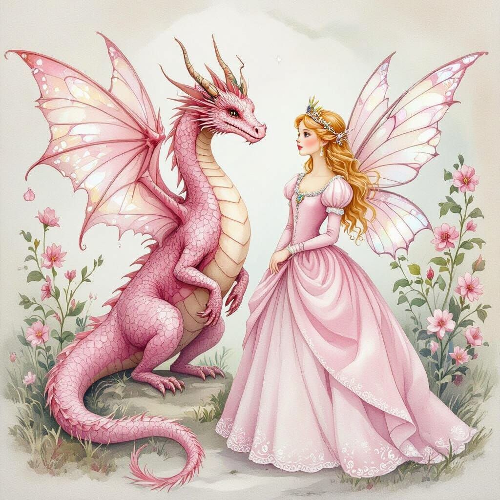 Pink Dragon and Princess in Watercolor Style