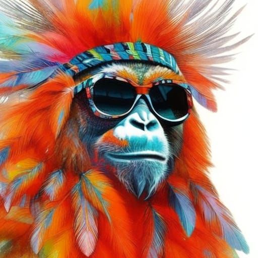 Orangutan Skier in Snowy Native American Portrait