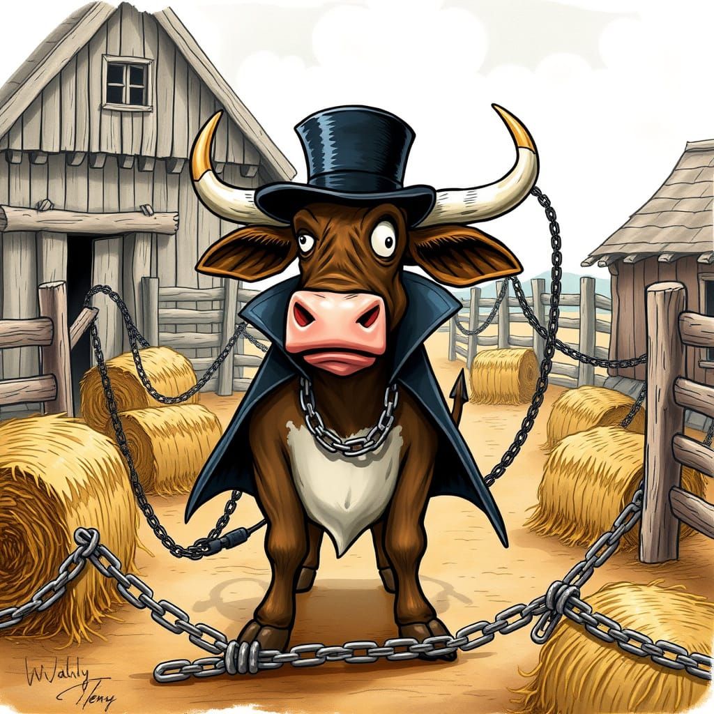 Moodinie the Escaping Bull in Whimsical Farmyard Scene