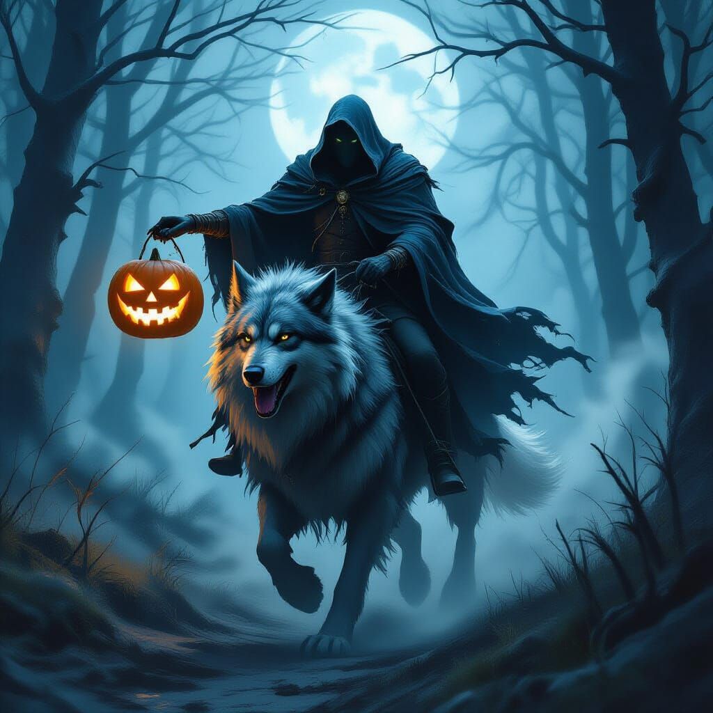 Headless Rider with Jack-o'-Lantern on Wolfhound in Misty Fo...
