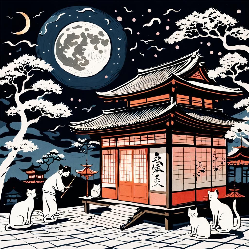 Calligraphy Cats under Turquoise Moonlight, Ukiyo-e Style
