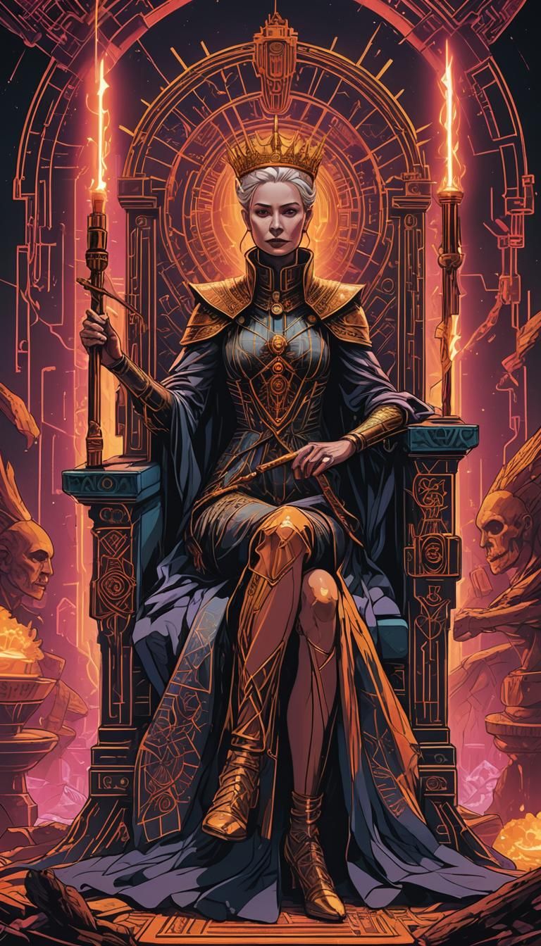 Queen of Wands Tarot Card in Cyberpunk Style