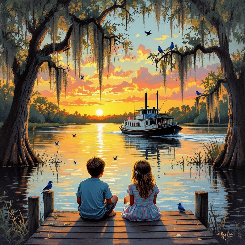 Children on Bayou Pier at Sunset in Surreal Style
