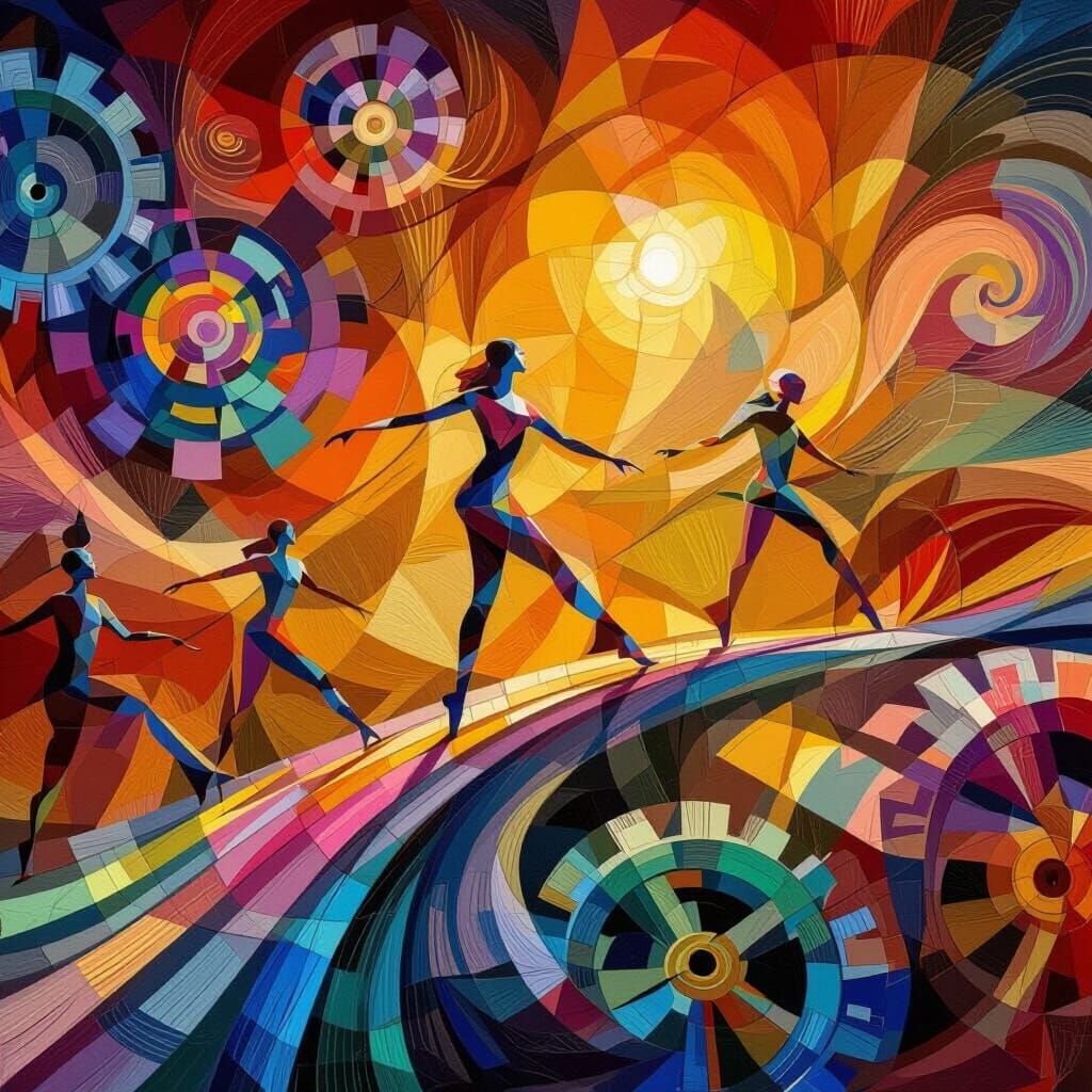 Life's Dance: Colorful Gears of Journey in Cubist Style