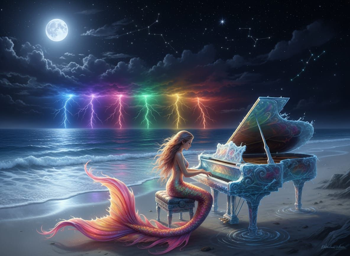 Mermaid Plays Piano on Shore Under Moonlit Storm