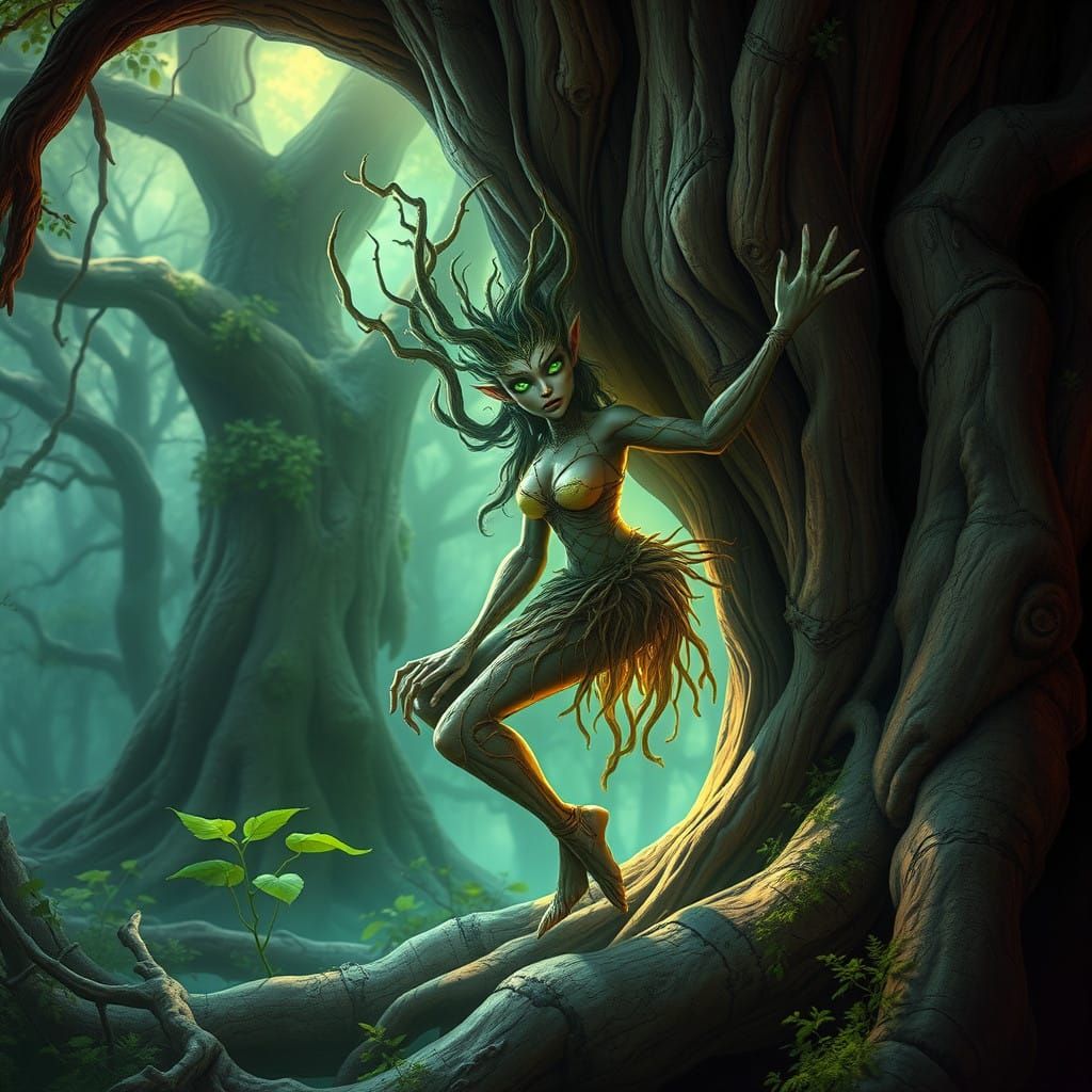 Medieval Fantasy Dryad Emerges from Ancient Tree