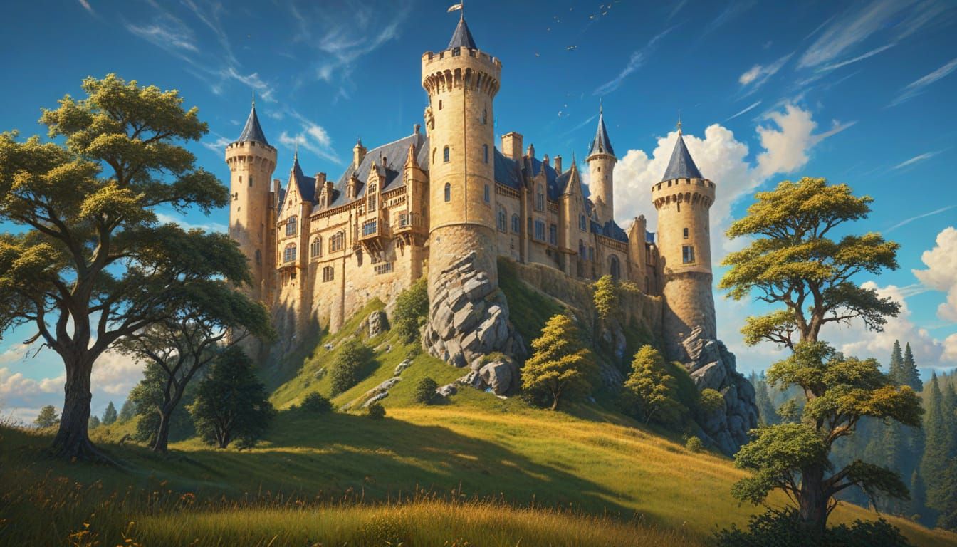 Majestic Castle in Dreamy Oil Painting Landscape