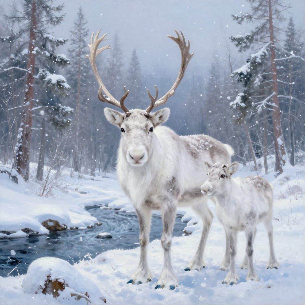 Majestic White Reindeer in Snowy Forest Oil Painting