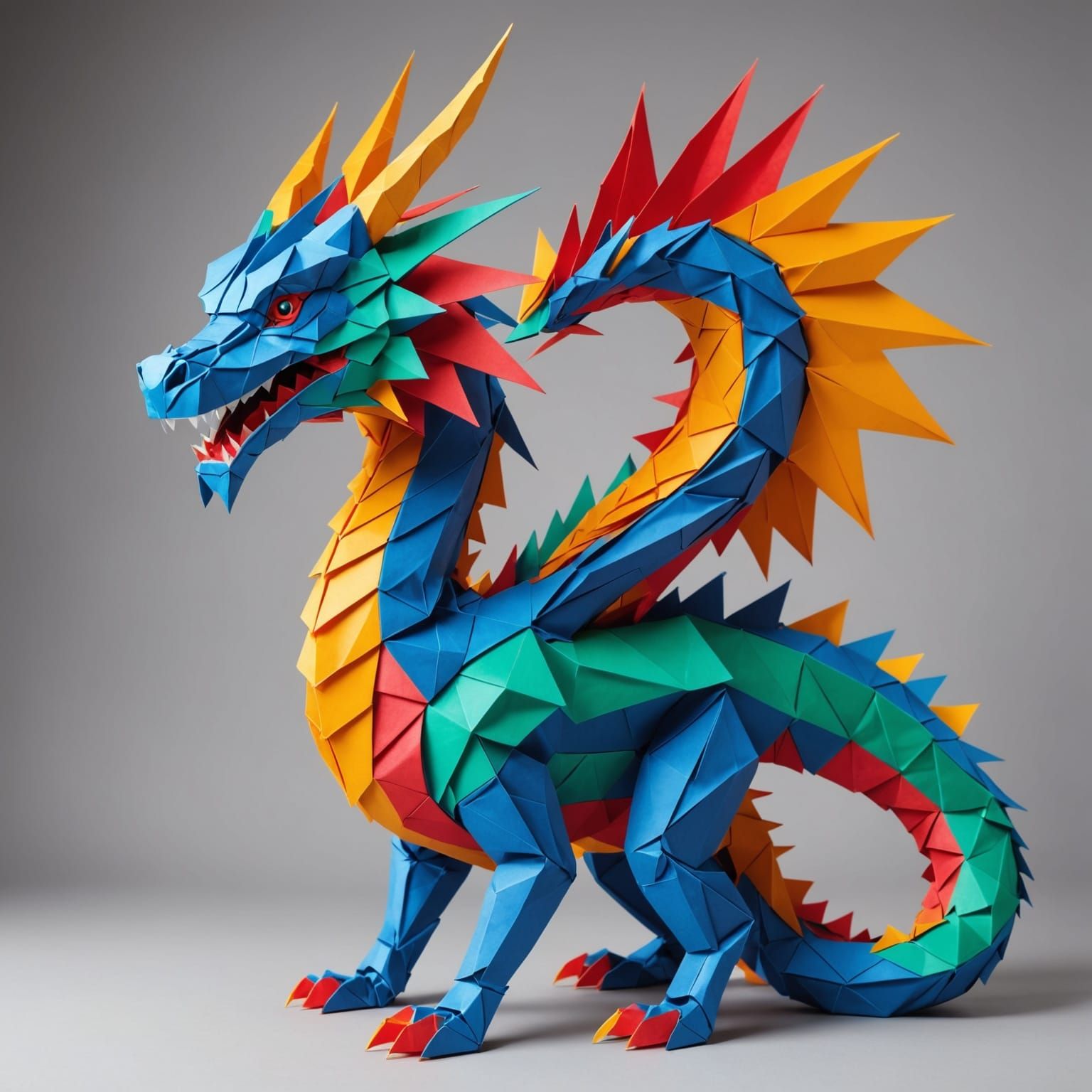 Complex Origami Dragon Sculpture in Vivid Colors