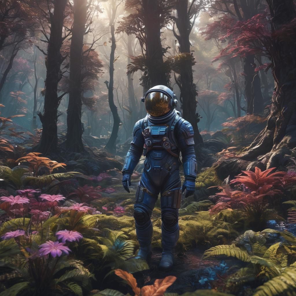 Astronaut Explores Alien Forest in Fantasy Concept Art