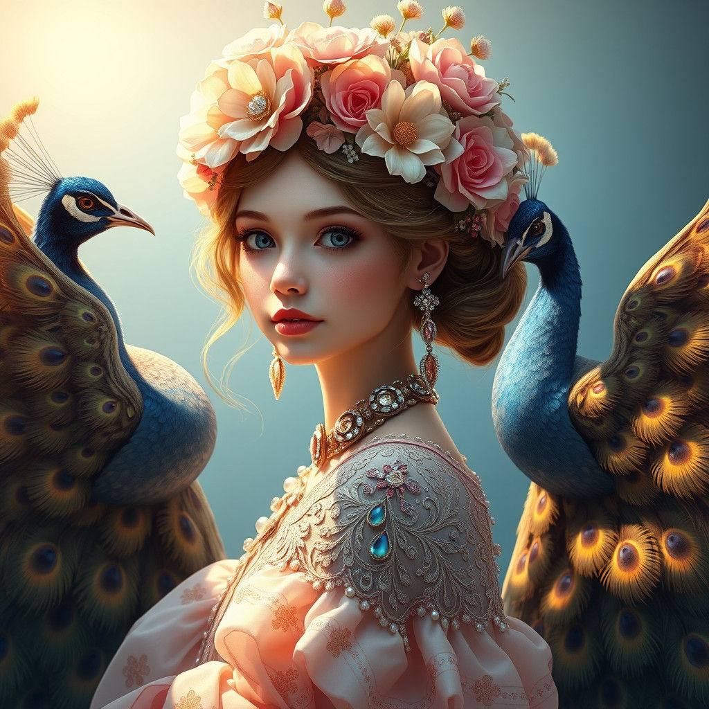 Fantasy Flower Girl with Peacocks, Hyperdetailed Art
