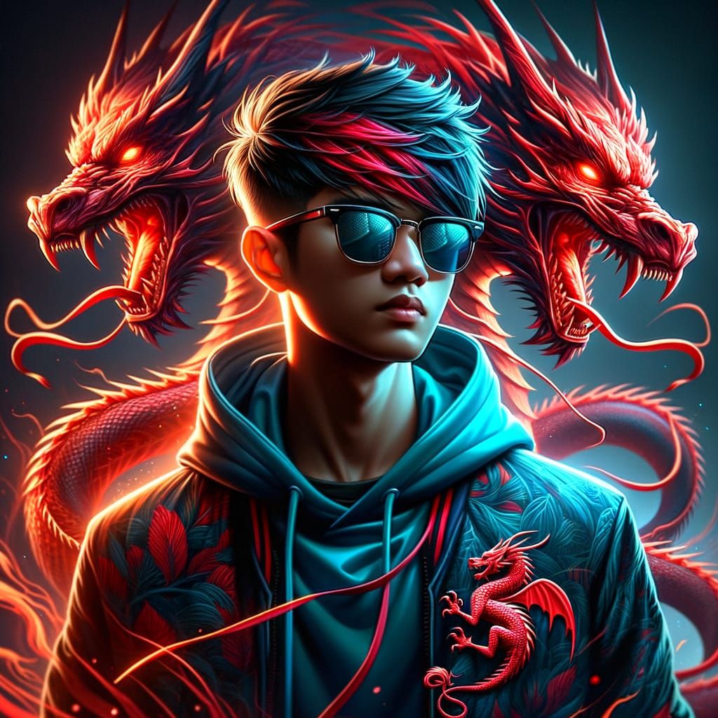 Surreal Fantasy Indonesian Warrior in Glowing Blue Hoodie wi...