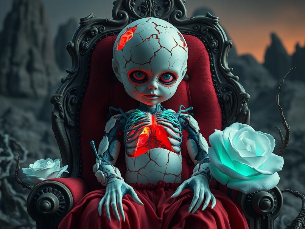 Fractured Porcelain Doll with Bioluminescent Wires