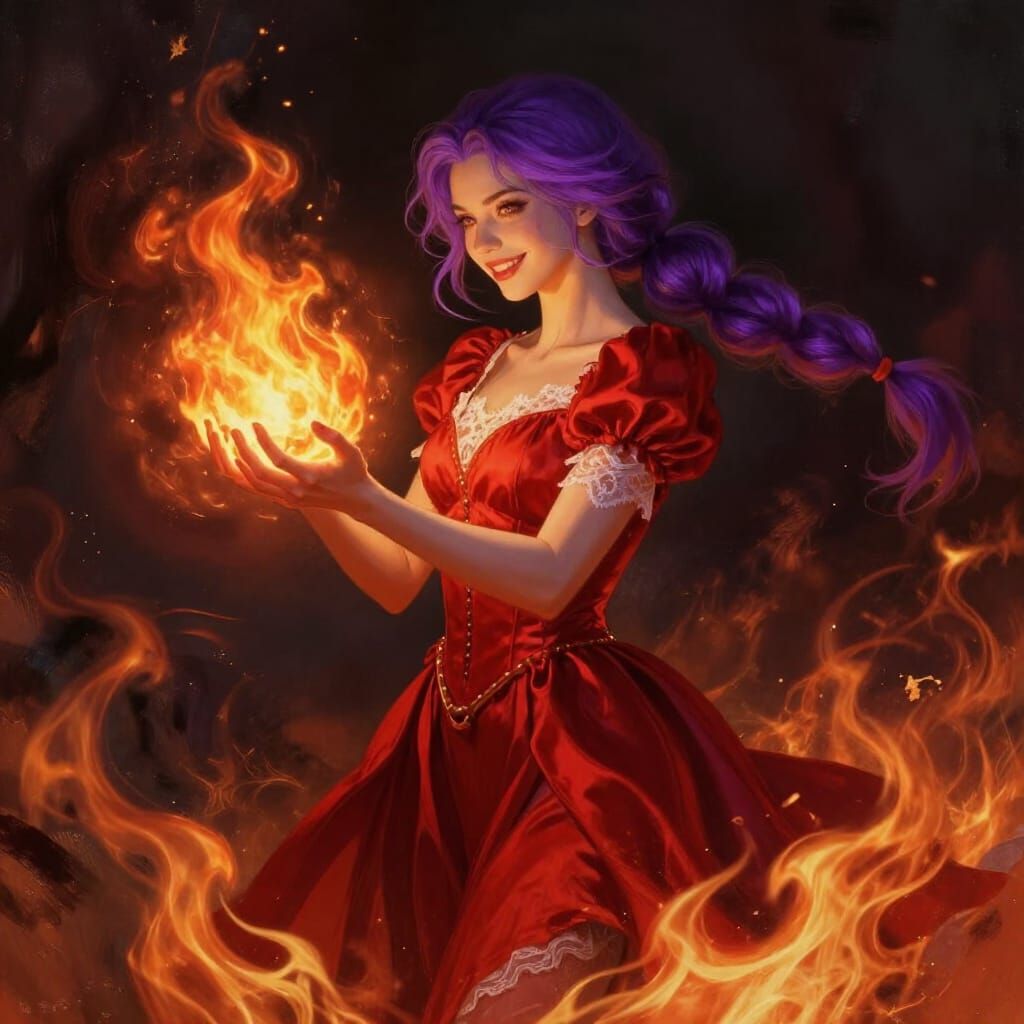Woman with Purple Hair Wielding Fireball in Dark Fantasy Art
