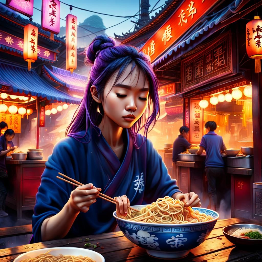 Girl Eating Noodles at Chinese Street Food Stall