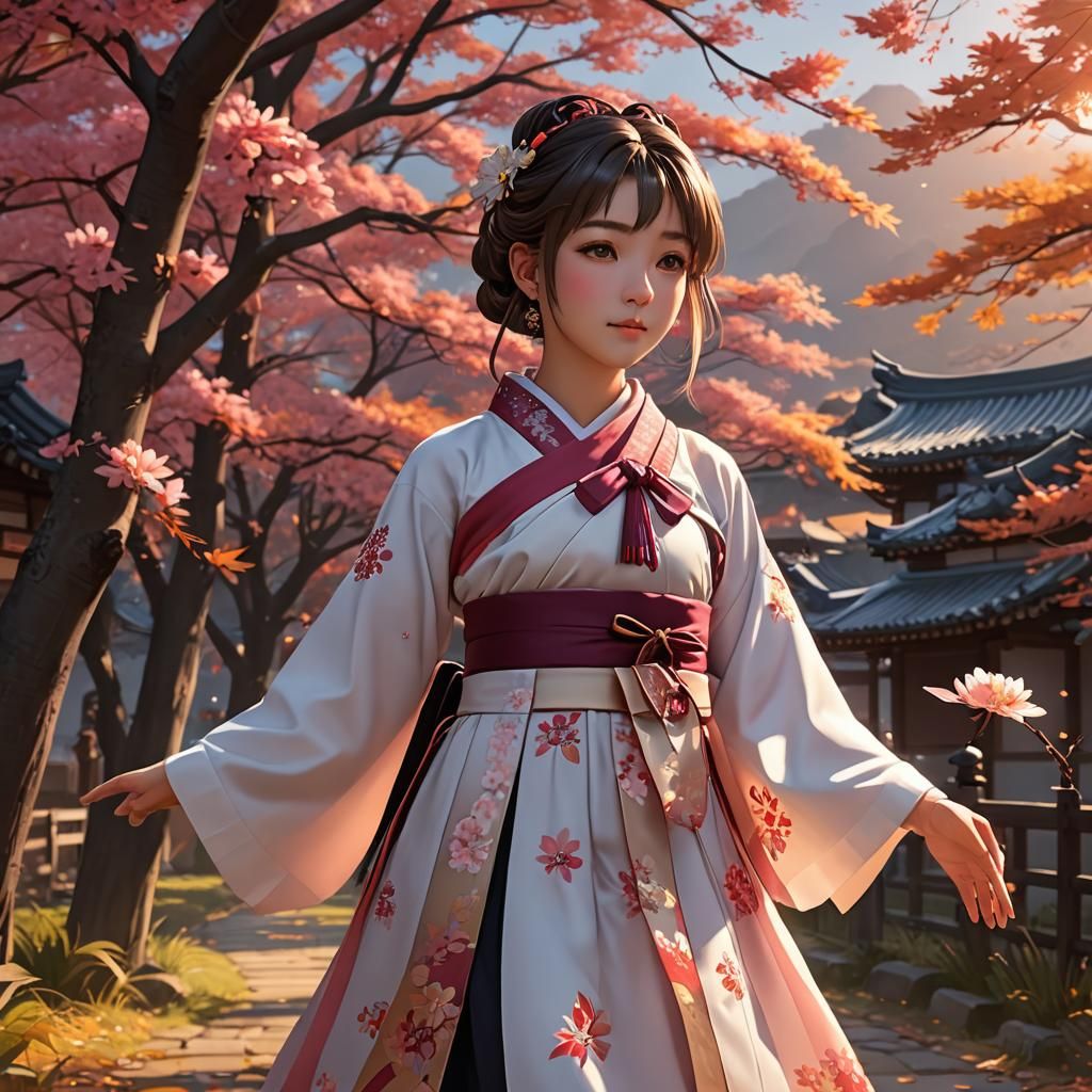 Sakura in Hanbok at Sunset: Anime-Inspired Art