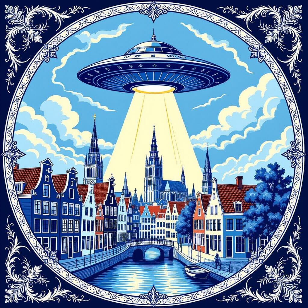 UFO over Belgian City on Delft Tile, Baroque Style
