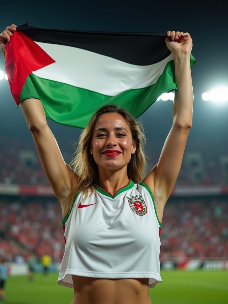 Woman Cheers Palestine Soccer Victory in Stadium