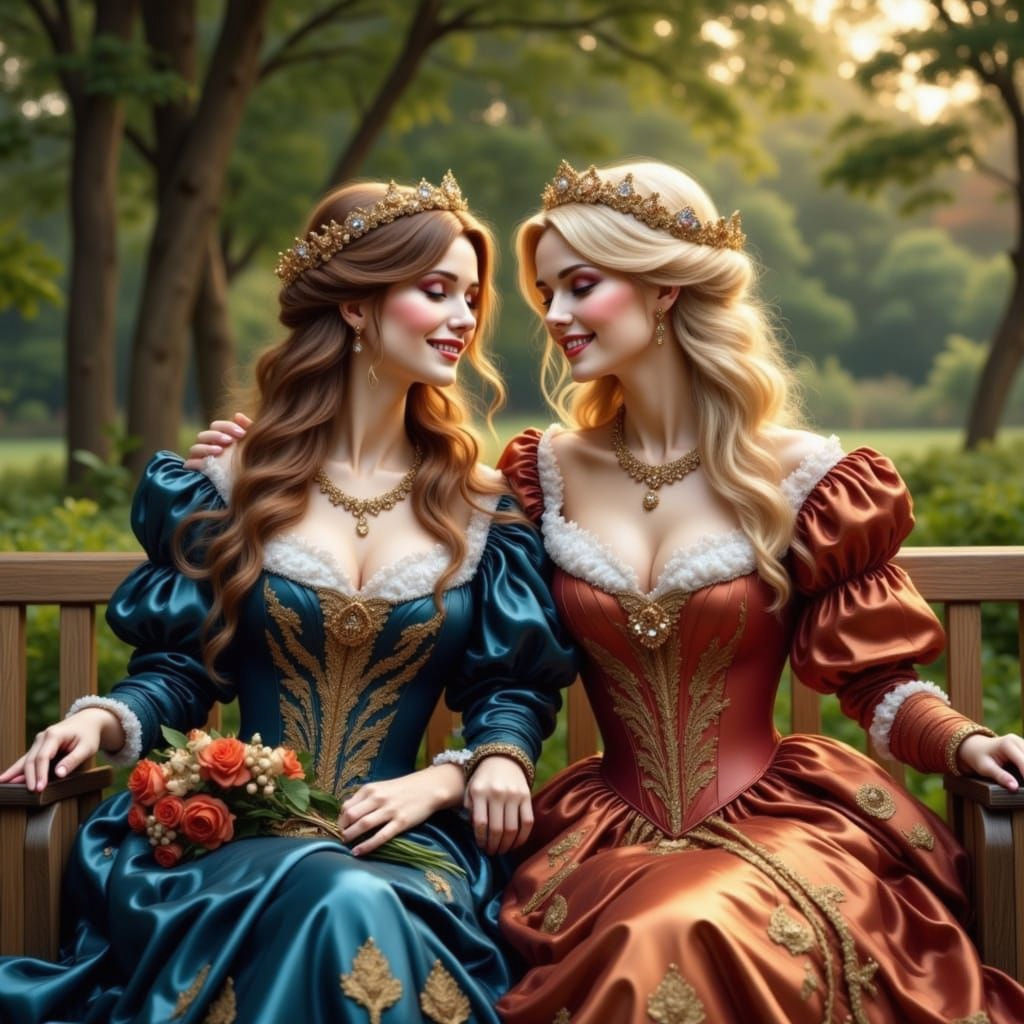 1698 Park Scene: Two Women Laughing on Bench