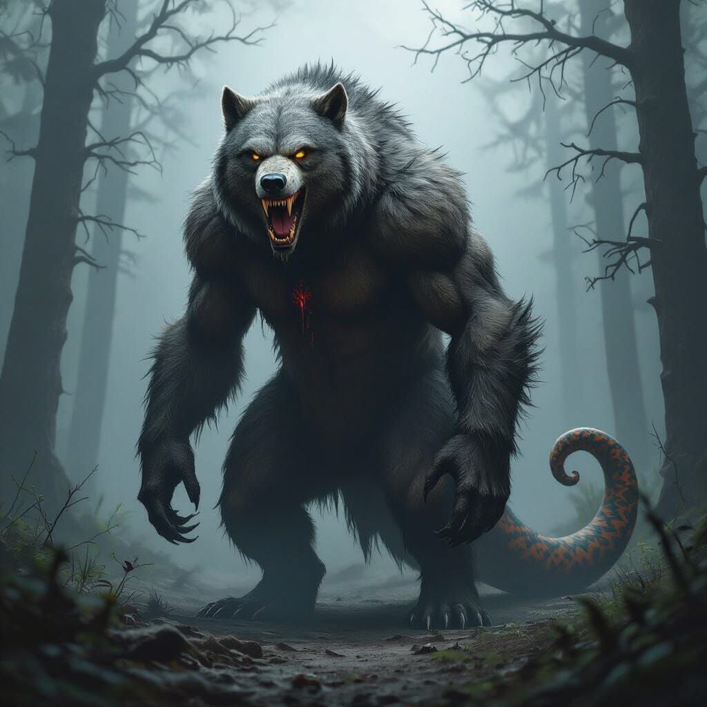 Terrifying Bear-Wolf Hybrid with Serpent Tail in Dark Fantas...