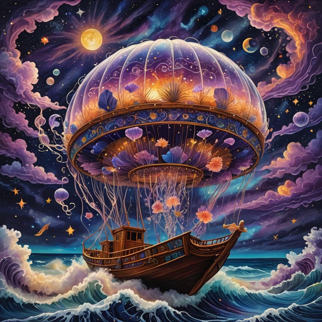 Glass Jellyfish Boat in Astral Storm, Psychedelic Art