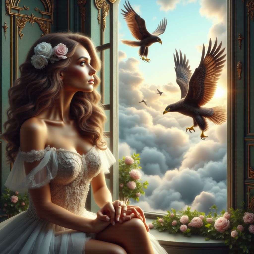 Elegant Woman Gazes at Eagles by Open Window