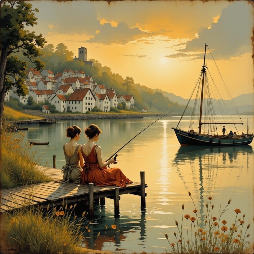 Women Fishing at Golden Hour on Rustic Pier