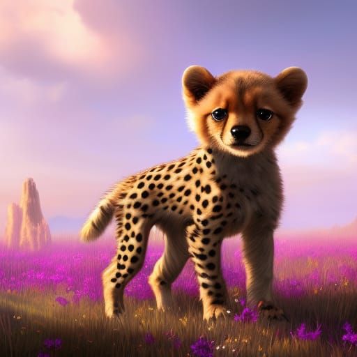 Cute Puppy and Cheetah in Field: Fantasy Art