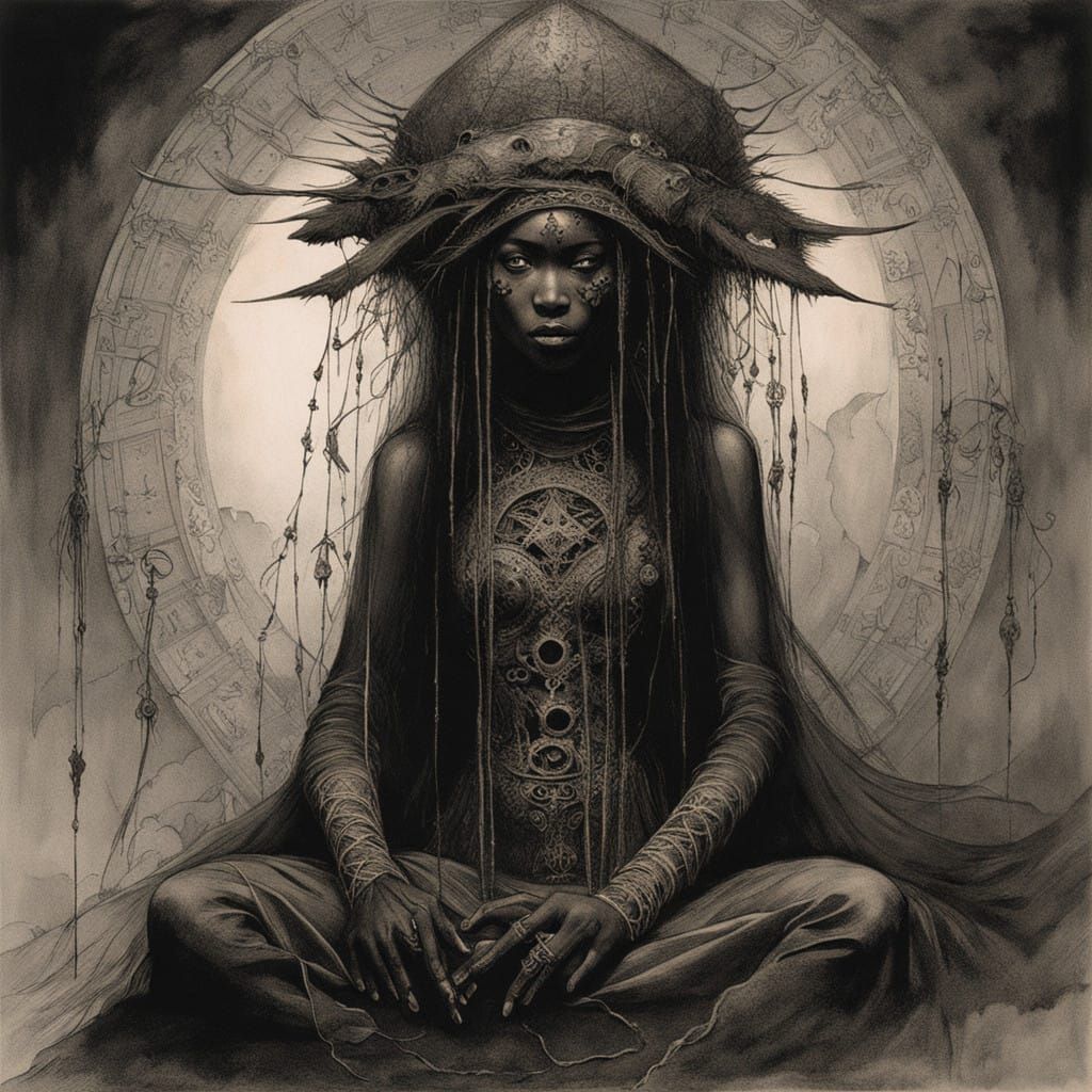 Ethereal European Witch in a Smoky, Mystical Lair