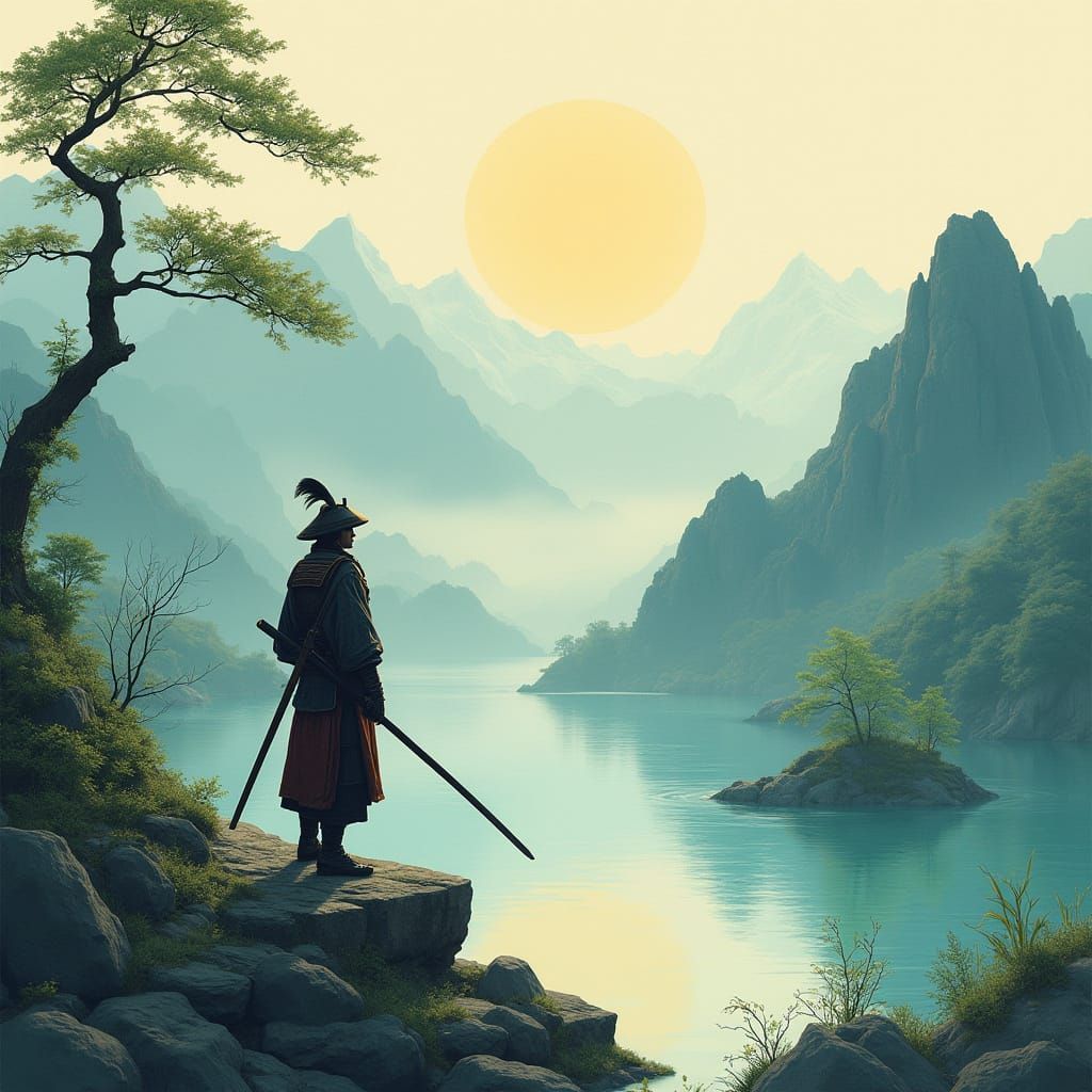 Serene Samurai in Japanese Landscape