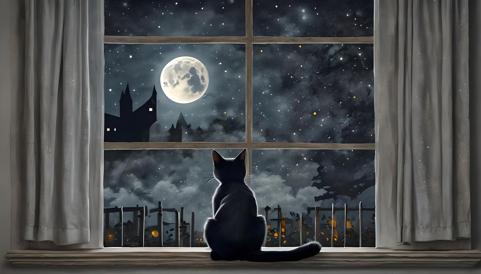 Black Cat Contemplates a Starry Moonlit Night