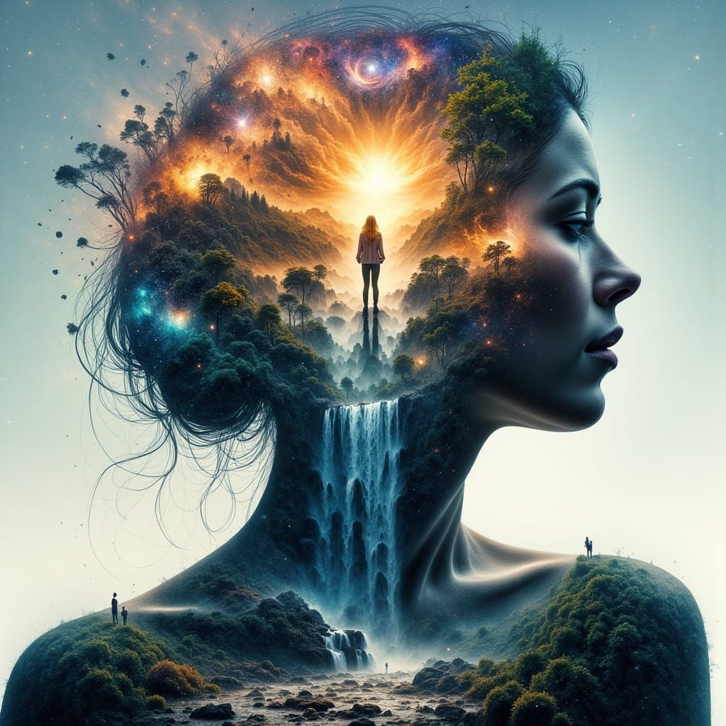 Woman's Silhouette with Waterfall and Cosmic Galaxy Backgrou...