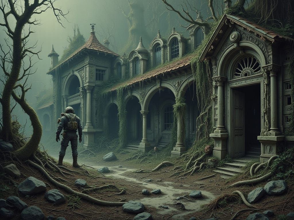 Explorer at Ancient Ruins on Abandoned Planet