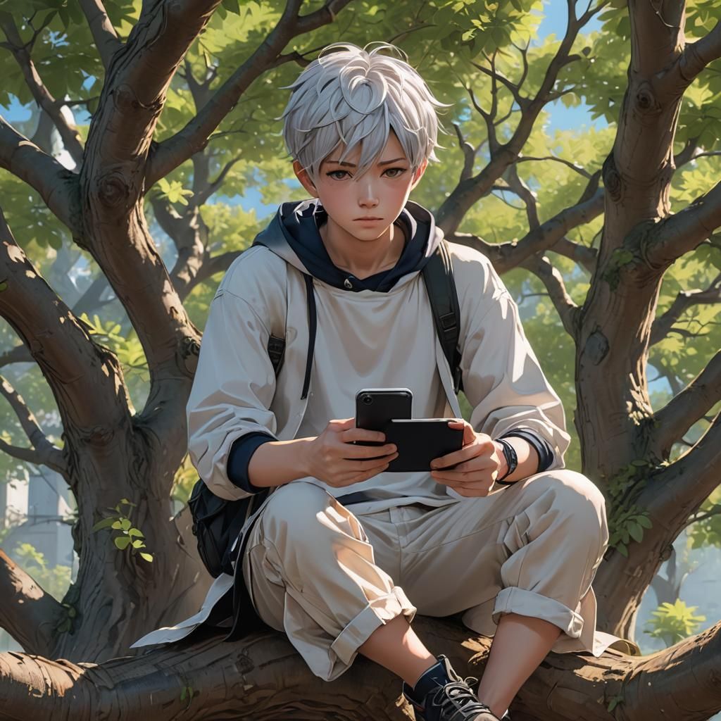 Boy in Tree Staring at Phone: Anime Art
