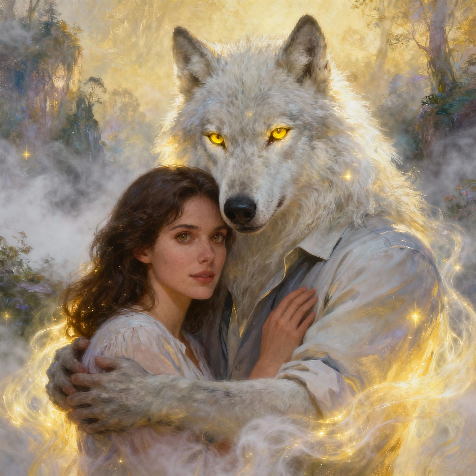 Werewolf's Loving Embrace in Misty Fantasy Landscape