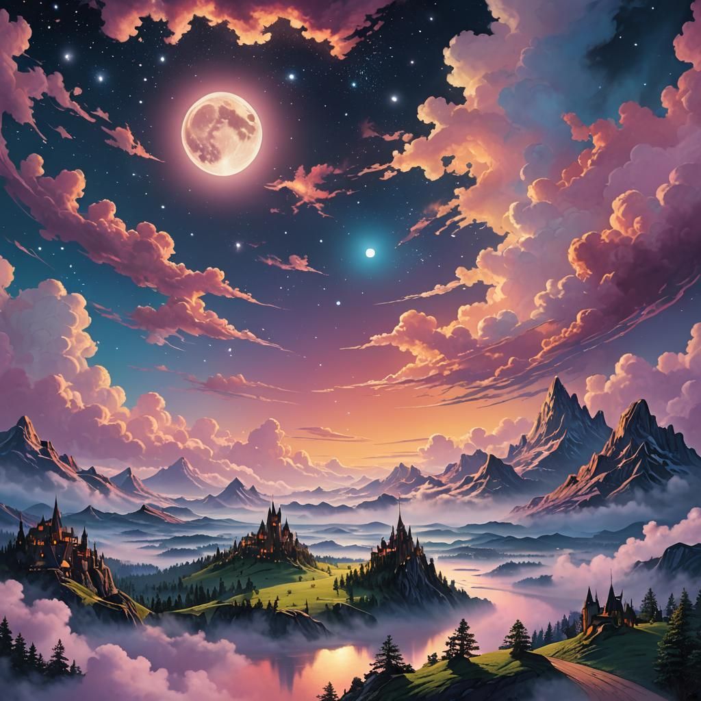 Iridescent Moon in Starry Sky: Celestial Matte Painting