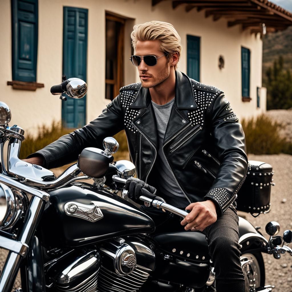 Handsome Blond Man on Motorcycle, Hyperrealistic Photo