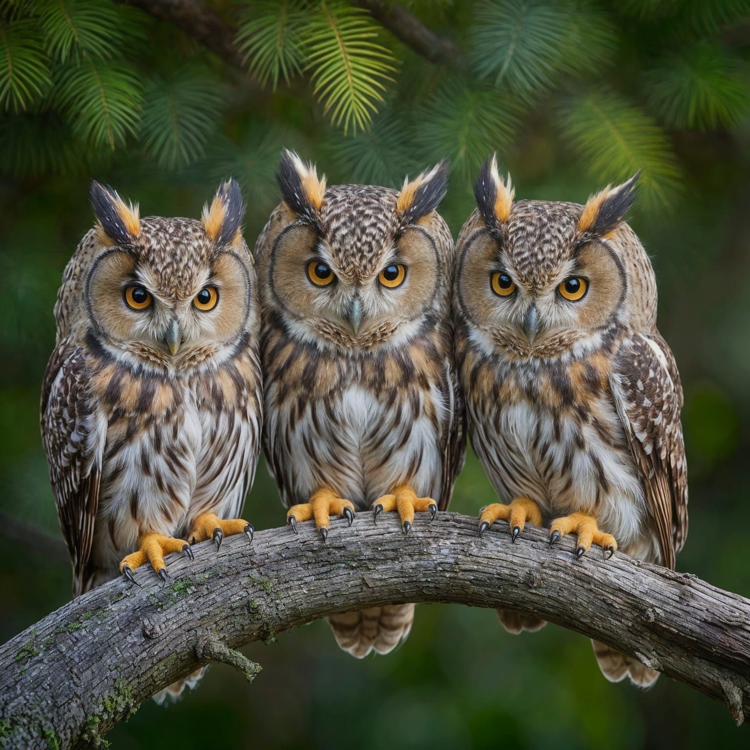 Colorful Fluffy Owls on Branch: Hyperrealistic Photo