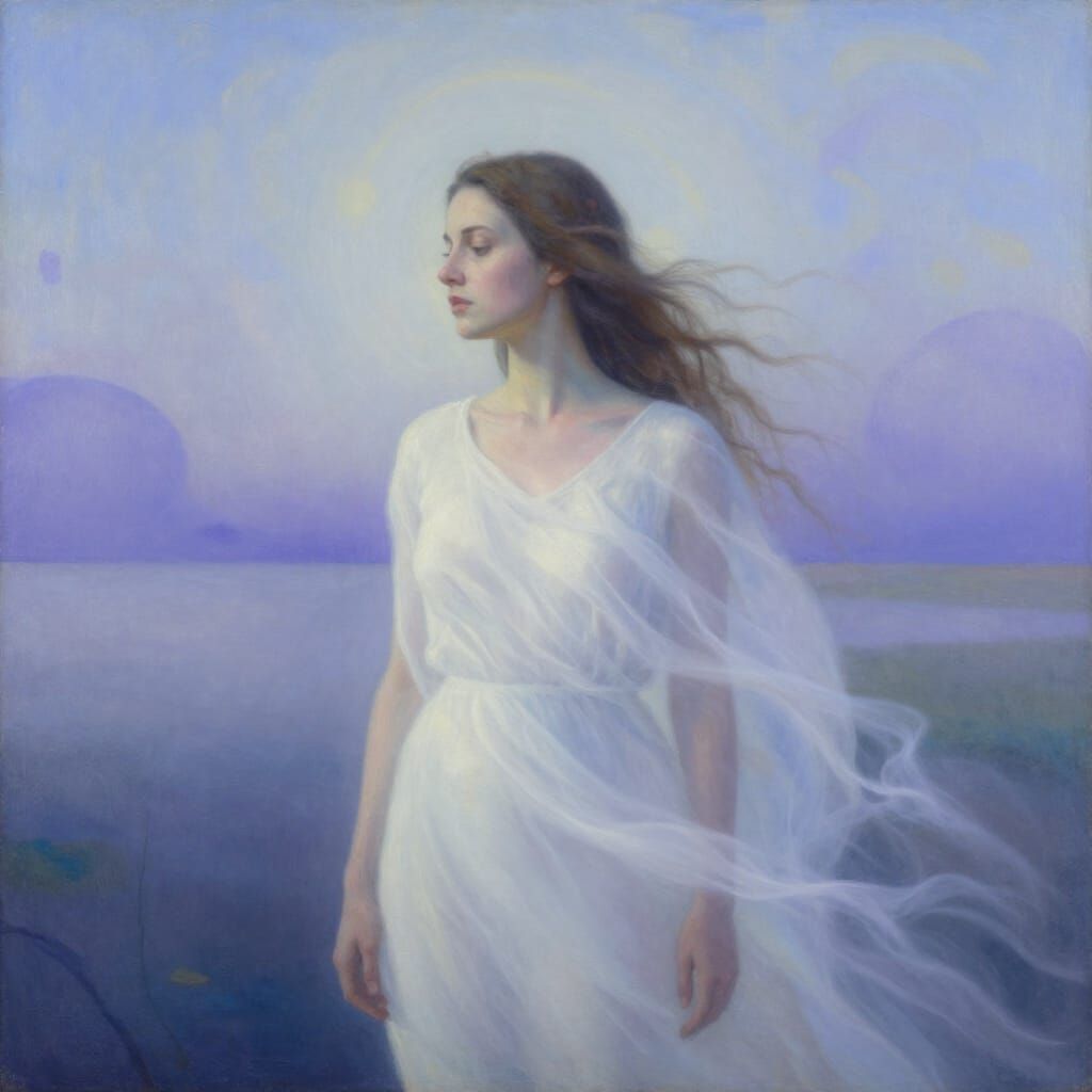 Woman Dissolving into Ethereal Mist for Rejuvenation