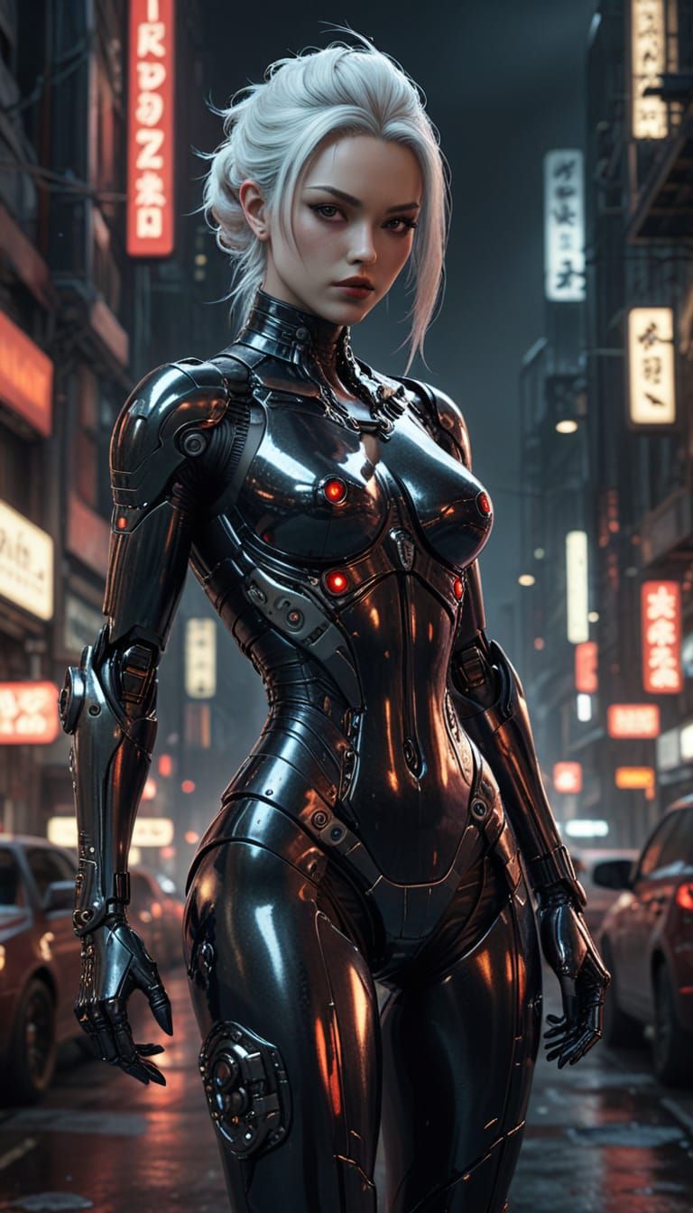 Japanese Gynoid Cyborg in Gothic Cyberpunk Cityscape