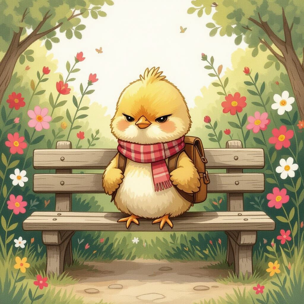Grumpy Chick on Bench in Beatrix Potter Style