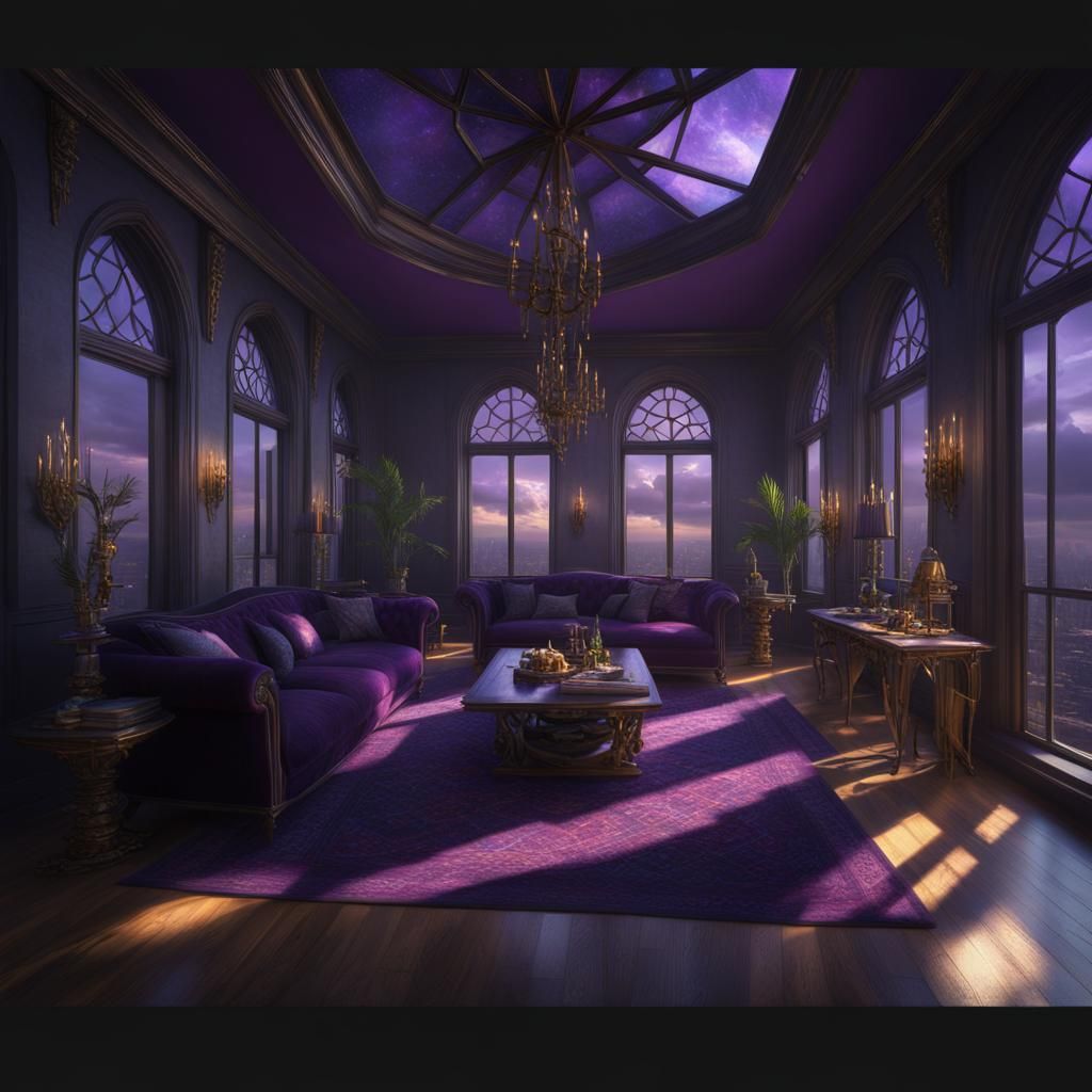Witchy Wiccan penthouse with dark purple walls& hyperdetailed trending on Artstation volumetric lighting 8k resolution c...