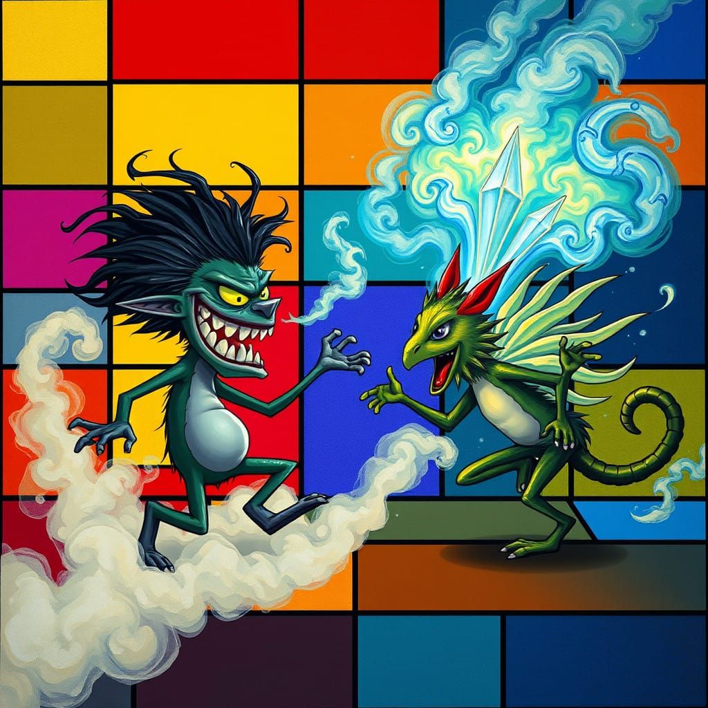 Mystical Duel Between Boggart and Bongu in Vibrant Geometric...
