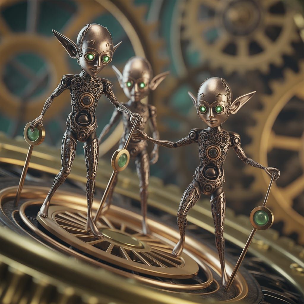Machine Elves in Clockwork Device: A 3D Render